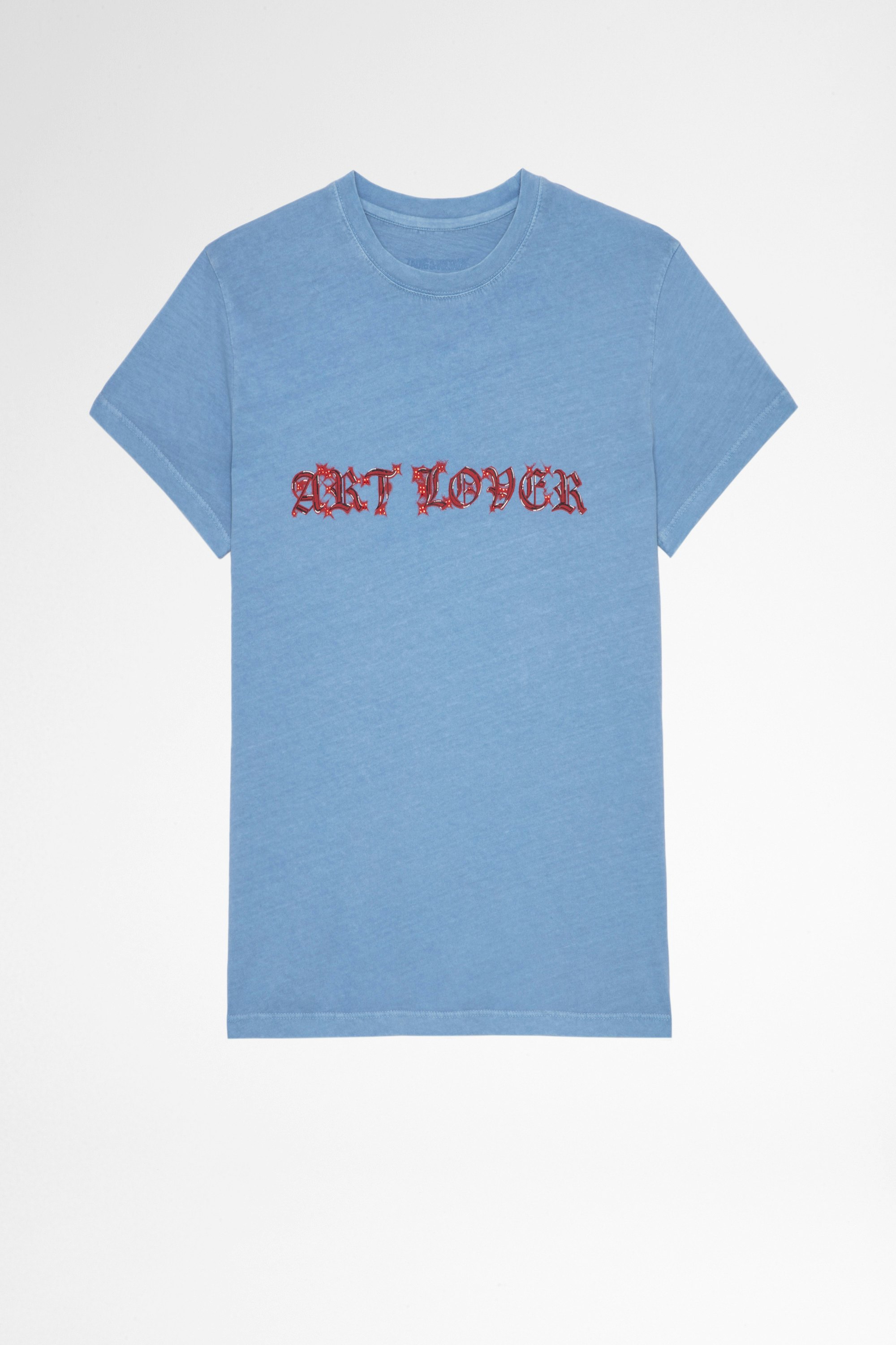 T-shirt Zoe Art Lover T-shirt aus himmelblauer Baumwolle mit „Art Lover“-Print und Kristallen für Damen