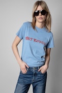 Zoe Art Lover T-shirt - Women's sky-blue cotton T-shirt with Art Lover print and crystals