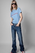 Zoe Art Lover T-shirt - Women's sky-blue cotton T-shirt with Art Lover print and crystals