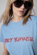 Zoe Art Lover T-shirt - Women's sky-blue cotton T-shirt with Art Lover print and crystals