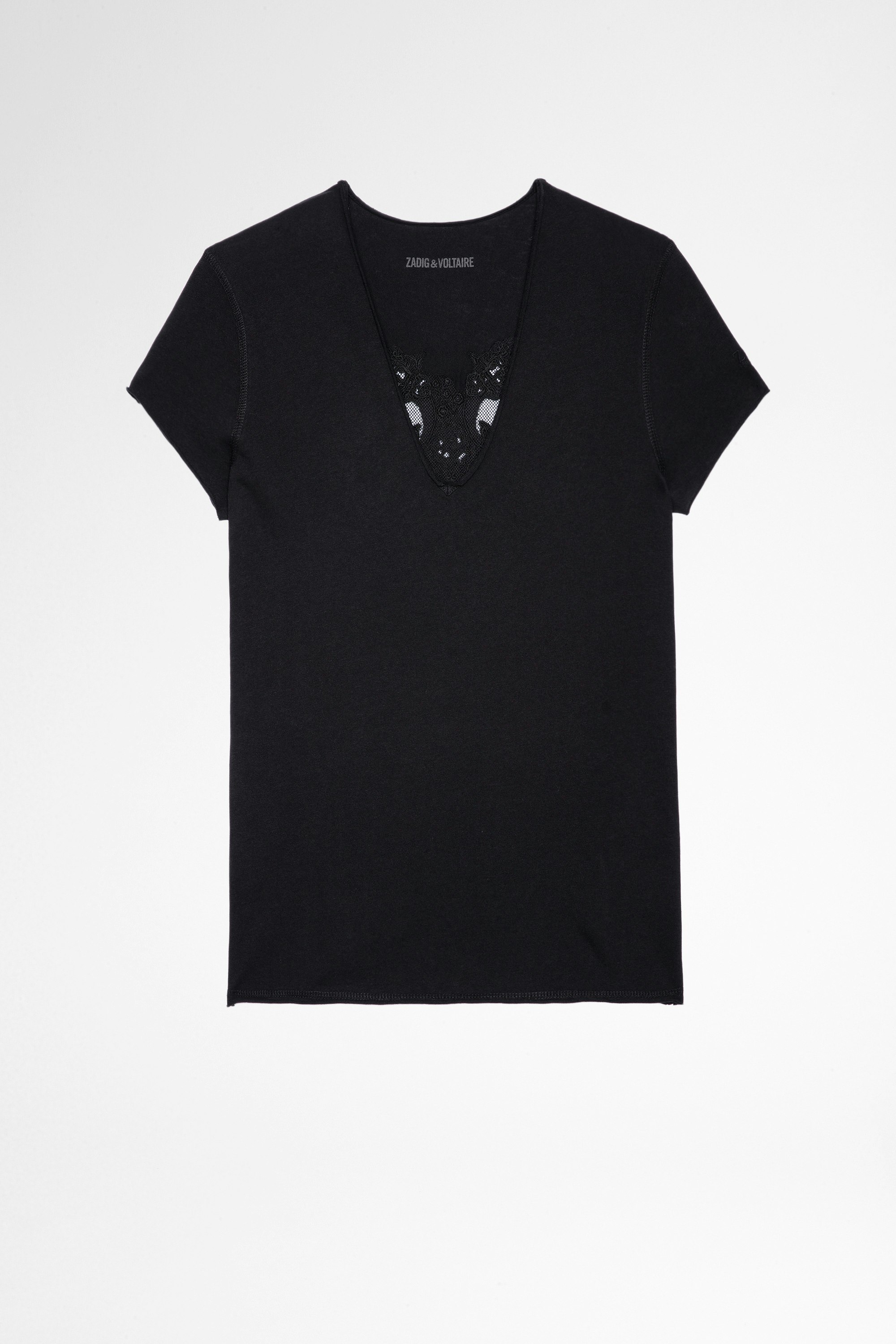 T-shirt Story Fishnet Double Heart T-shirt in cotone nero con inserti a teschio trasparenti sul retro