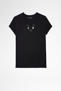 Story Fishnet Double Heart T-shirt - Black cotton T-shirt with sheer skull panel on the back
