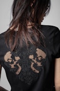 Story Fishnet Double Heart T-shirt - Black cotton T-shirt with sheer skull panel on the back