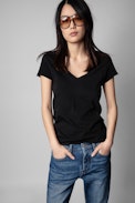 Story Fishnet Double Heart T-shirt - Black cotton T-shirt with sheer skull panel on the back