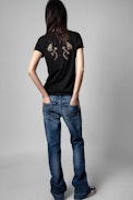 Story Fishnet Double Heart T-shirt - Black cotton T-shirt with sheer skull panel on the back