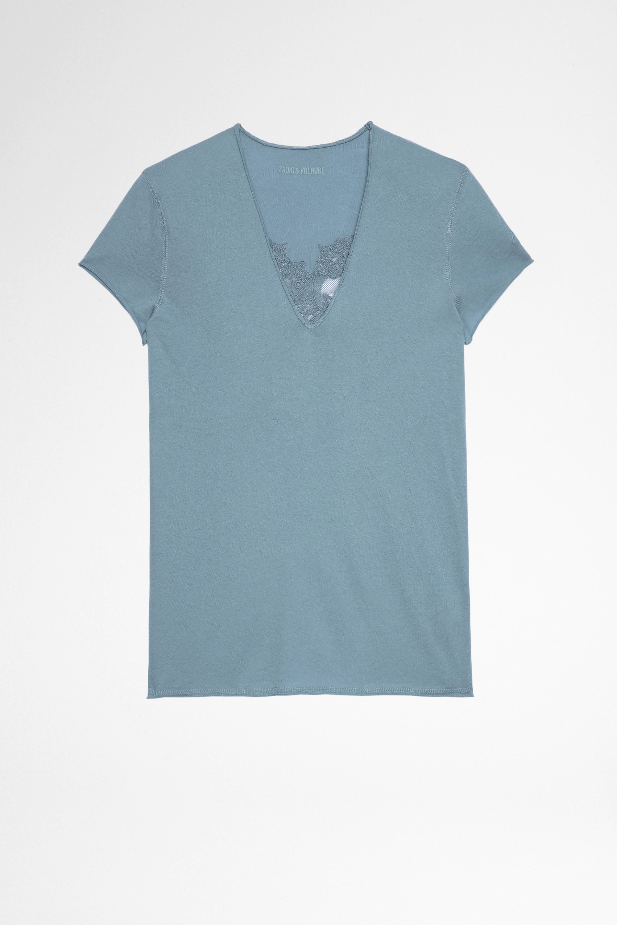 T-shirt Story Fishnet Double Heart T-shirt in cotone celeste con inserti a teschio trasparenti sul retro