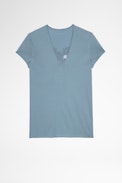 Story Fishnet Double Heart T-shirt - Sky-blue cotton T-shirt with sheer skull panels on the back