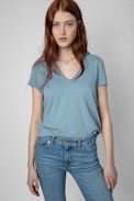 Story Fishnet Double Heart T-shirt - Sky-blue cotton T-shirt with sheer skull panels on the back