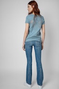 Story Fishnet Double Heart T-shirt - Sky-blue cotton T-shirt with sheer skull panels on the back