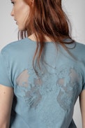 Story Fishnet Double Heart T-shirt - Sky-blue cotton T-shirt with sheer skull panels on the back