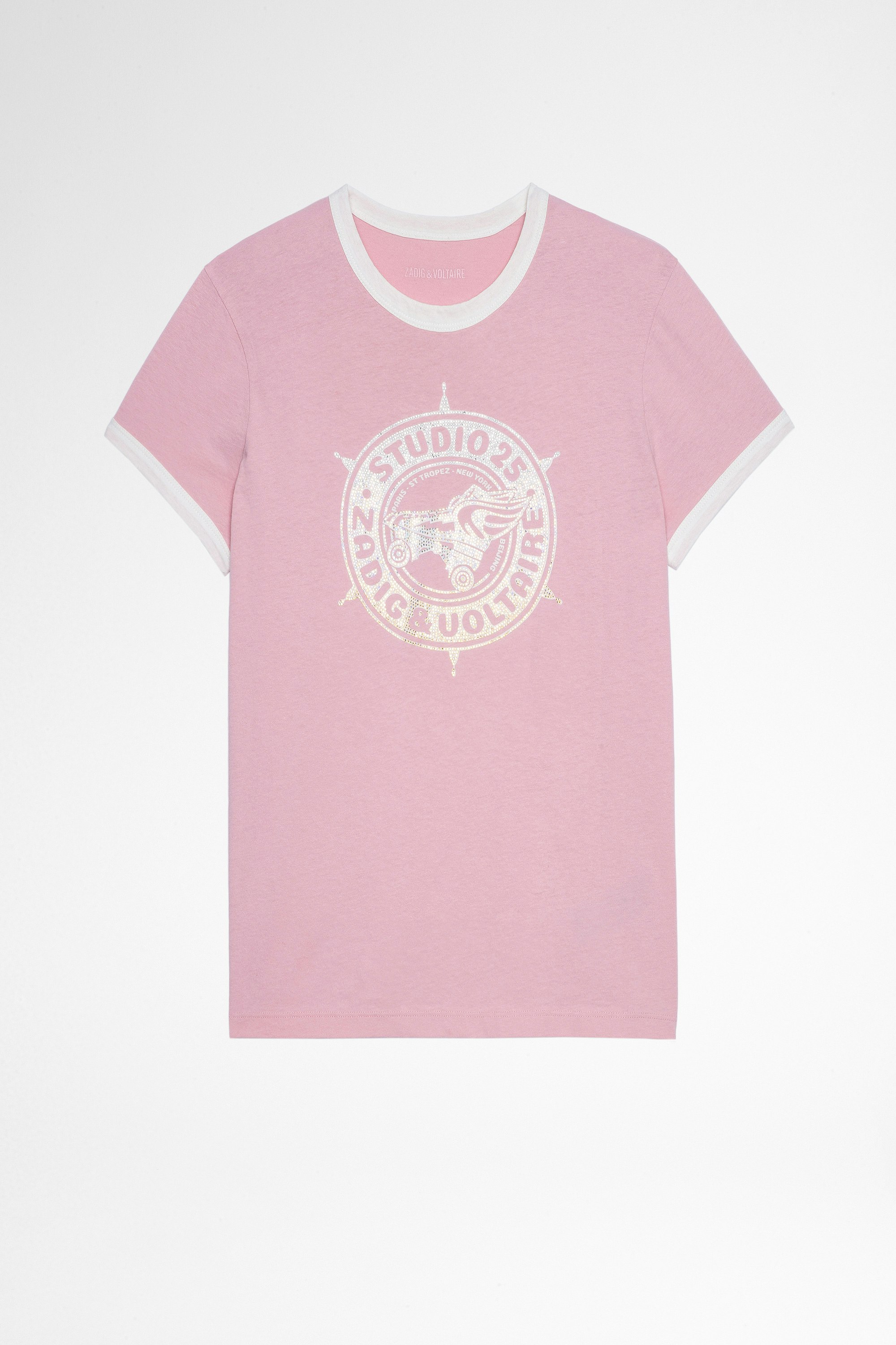 T-shirt Zoe Studio 25 Strass T-shirt in cotone rosa con stampa Studio 25 ricoperta di cristalli donna