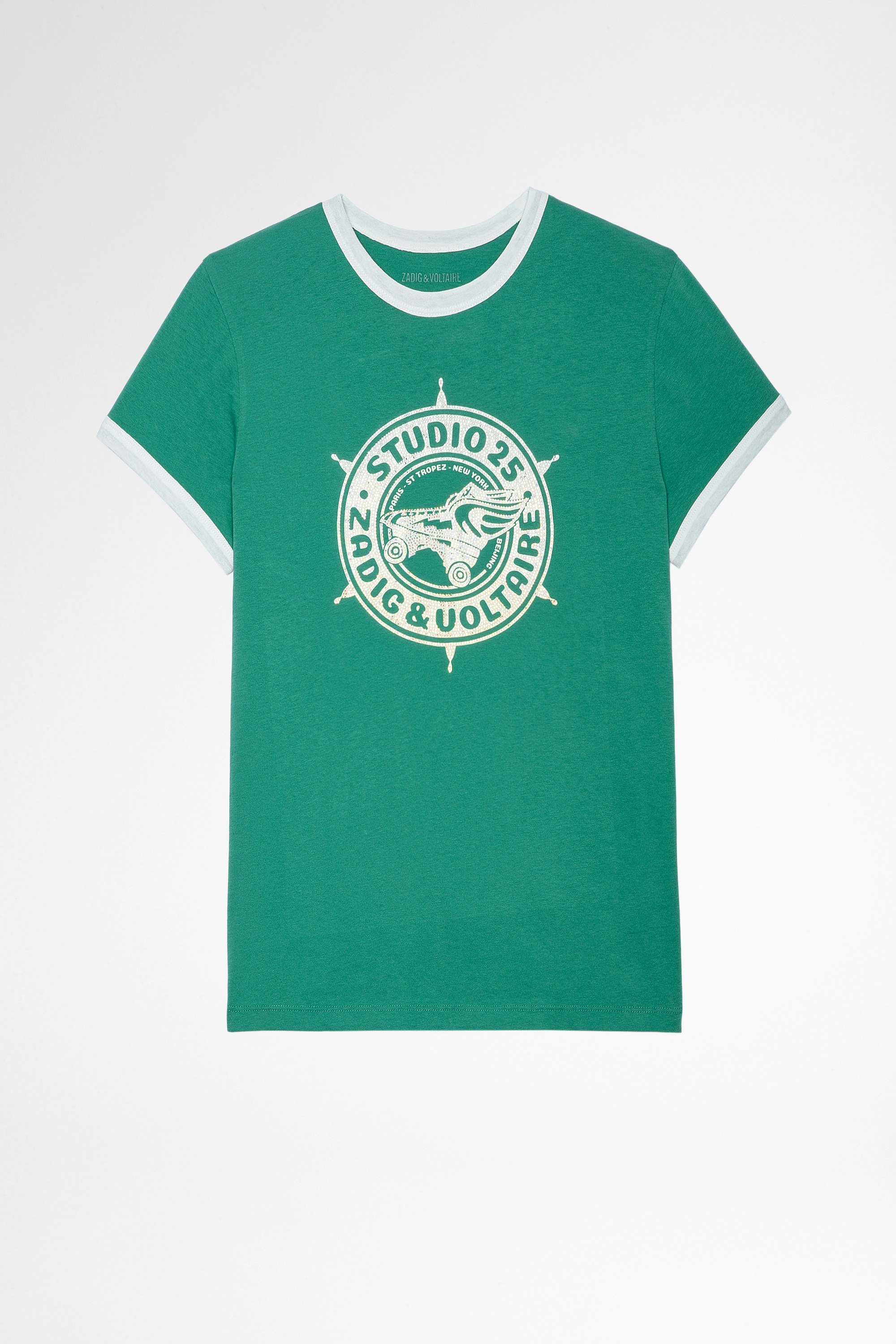 T-shirt Zoe Studio 25 Strass T-shirt aus grüner Baumwolle mit Studio 25 Print mit Kristallen für Damen