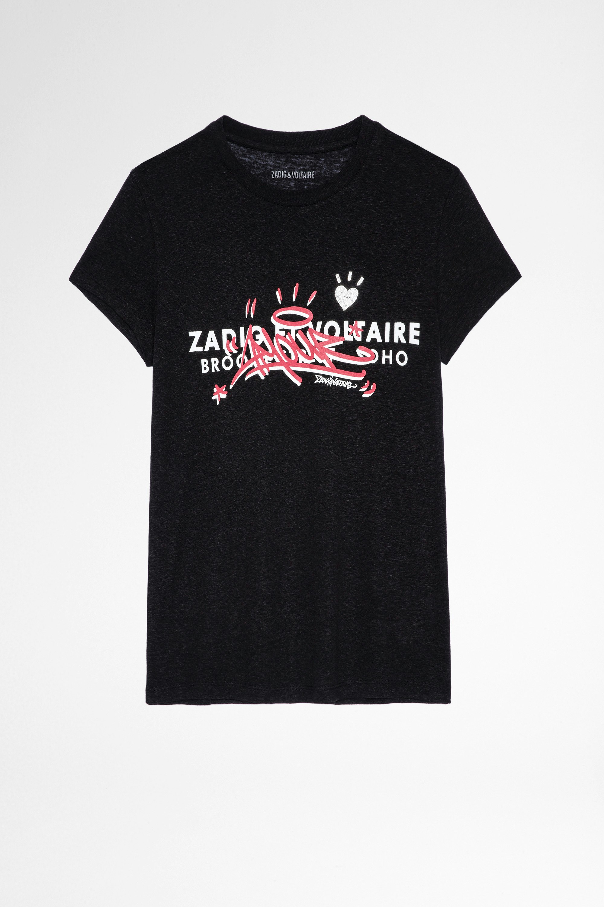 T-shirt Walk Damen-T-shirt aus schwarzer Baumwolle mit Printmotiv Blason und Amour