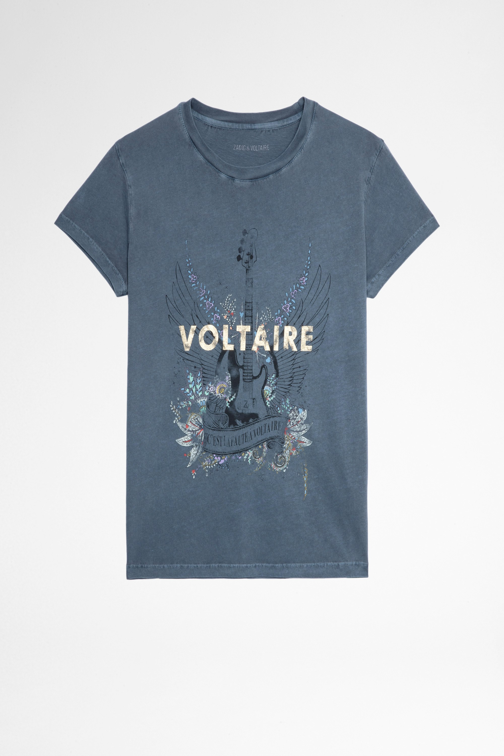 Camiseta Walk Guitar Camiseta azul de algodón con impresión de guitarra para mujer
