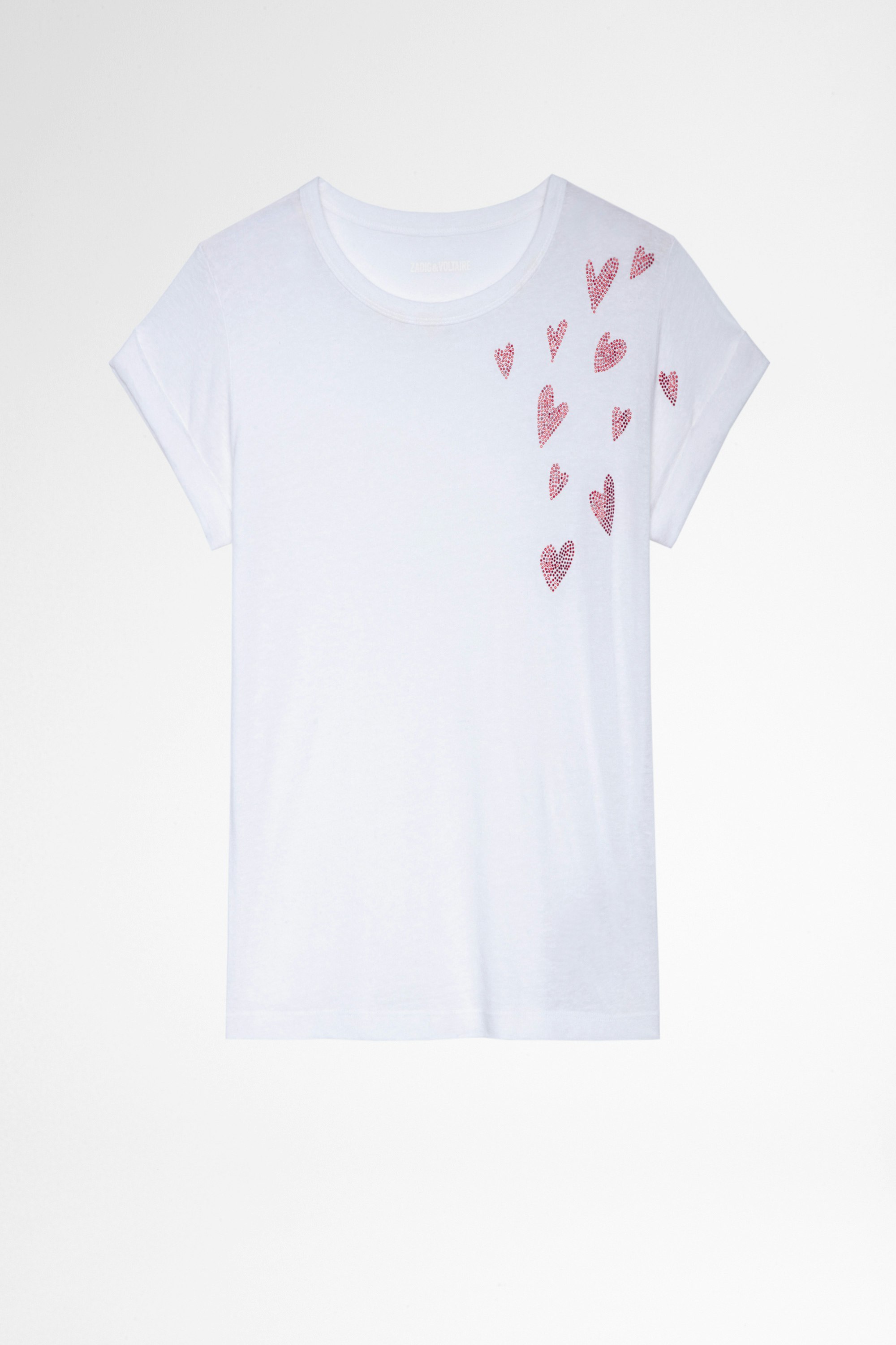 Anya Heart Ｔシャツ Women's white t-shirt with rhinestone hearts