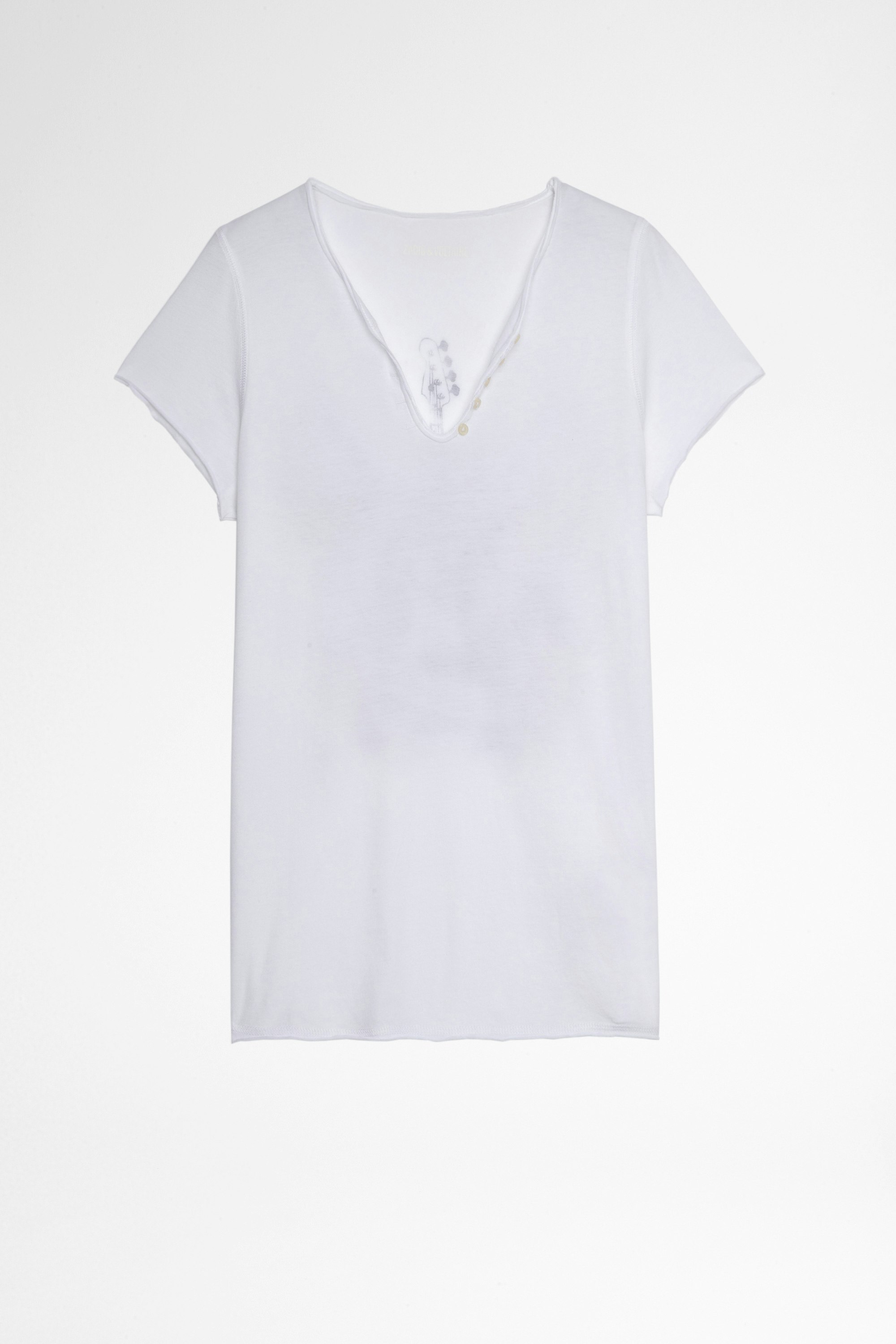 MC Guitar Henley T-shirt Women's white cotton Henley T-shirt with guitar print on the back