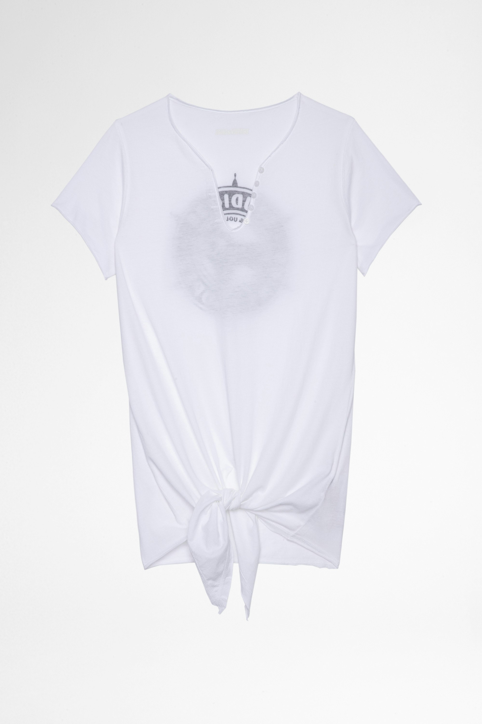Camiseta Tunisien Studio Camiseta blanca de algodón con cuello tunecino y cordón para atar, para mujer