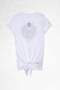 Studio Henley T-shirt - Women's white cotton Henley T-shirt with tie-up belt