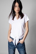 Studio Henley T-shirt - Women's white cotton Henley T-shirt with tie-up belt