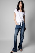 Studio Henley T-shirt - Women's white cotton Henley T-shirt with tie-up belt