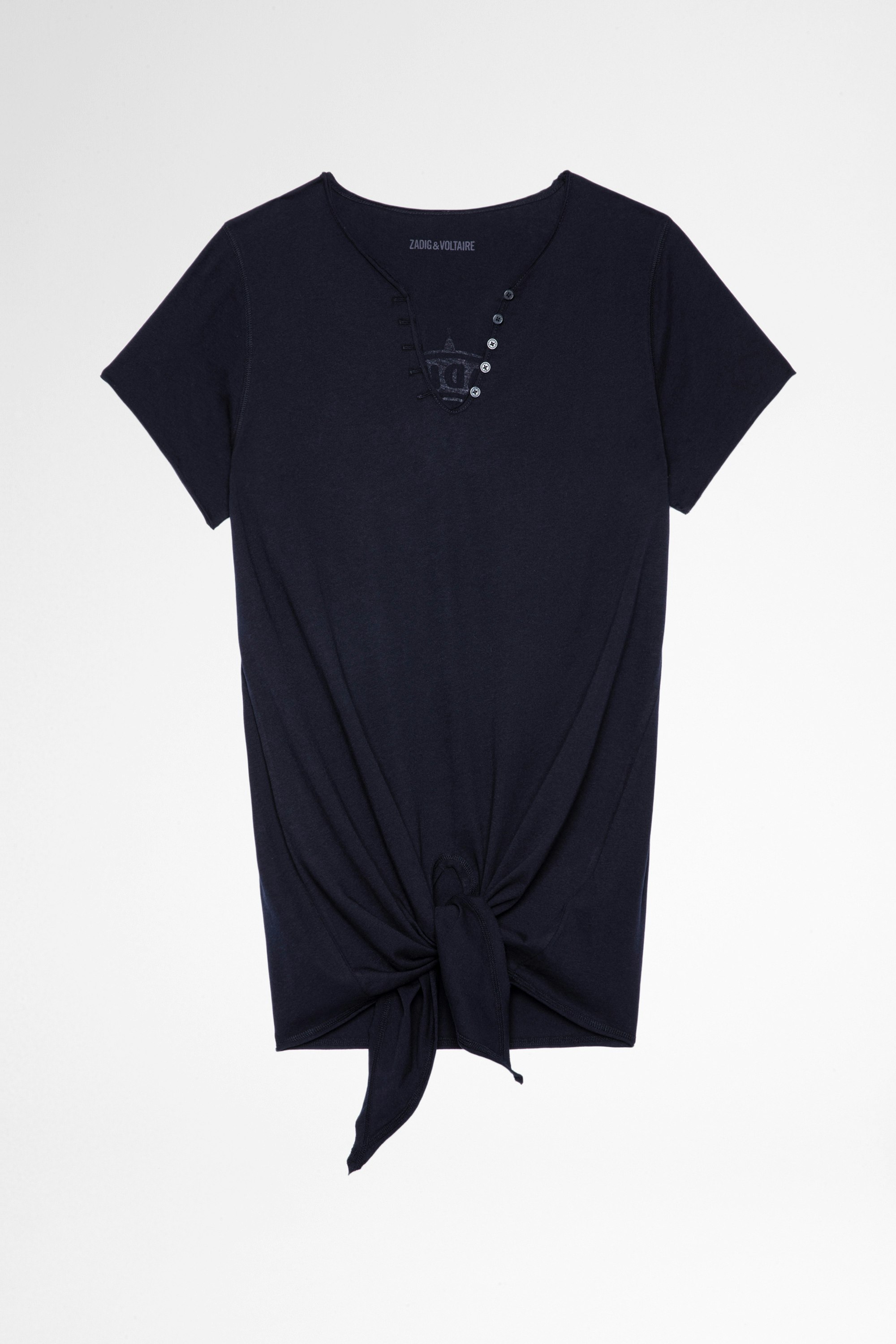 Studio Henley Ｔシャツ Women's navy blue cotton Henley t-shirt with Studio 25 print on the back