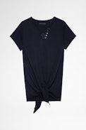 Studio Henley T-shirt - Women's navy blue cotton Henley T-shirt with Studio 25 print on the back