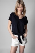 Studio Henley T-shirt - Women's navy blue cotton Henley T-shirt with Studio 25 print on the back