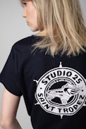 Studio Henley T-shirt - Women's navy blue cotton Henley T-shirt with Studio 25 print on the back