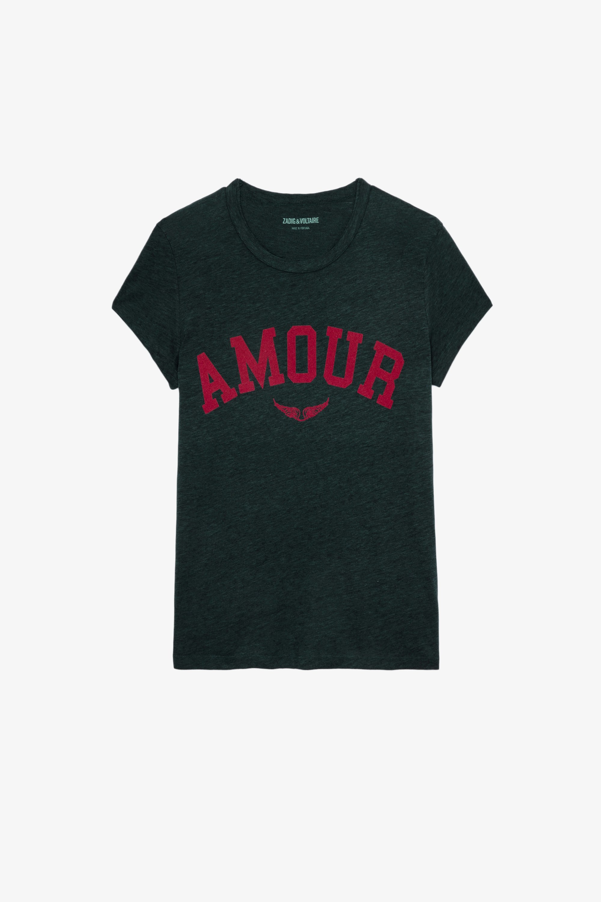 T-Shirt Walk Amour Grünes Damen-T-Shirt mit Rundhalsausschnitt und kurzen Ärmeln mit Amour