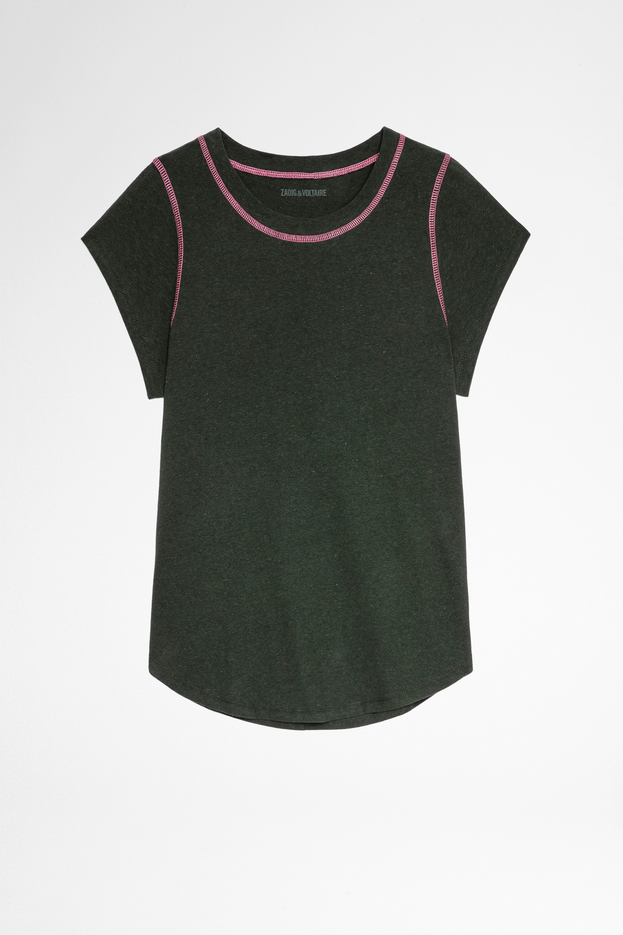 T-shirt Avin Damen-T-shirt aus khakifarbener Baumwolle mit kontrastfarbenen Nähten