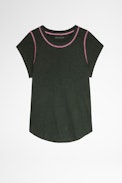 Avin T-Shirt - Women's khaki cotton T-shirt with contrasting seams