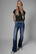 Avin T-Shirt - Women's khaki cotton T-shirt with contrasting seams