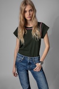 Avin T-Shirt - Women's khaki cotton T-shirt with contrasting seams