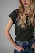 Avin T-Shirt - Women's khaki cotton T-shirt with contrasting seams