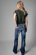 Avin T-Shirt - Women's khaki cotton T-shirt with contrasting seams