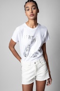 Camiseta Zoe ZV New Blason - Camiseta blanca de algodón con aplicación plateada ZV para mujer