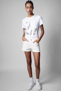 Camiseta Zoe ZV New Blason - Camiseta blanca de algodón con aplicación plateada ZV para mujer