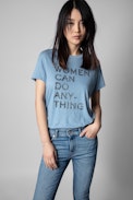 Walk Women can do anything T-shirt - Women's blue cotton T-shirt with 'Women can do anything' slogan