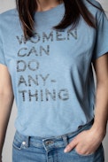Walk Women can do anything T-shirt - Women's blue cotton T-shirt with 'Women can do anything' slogan