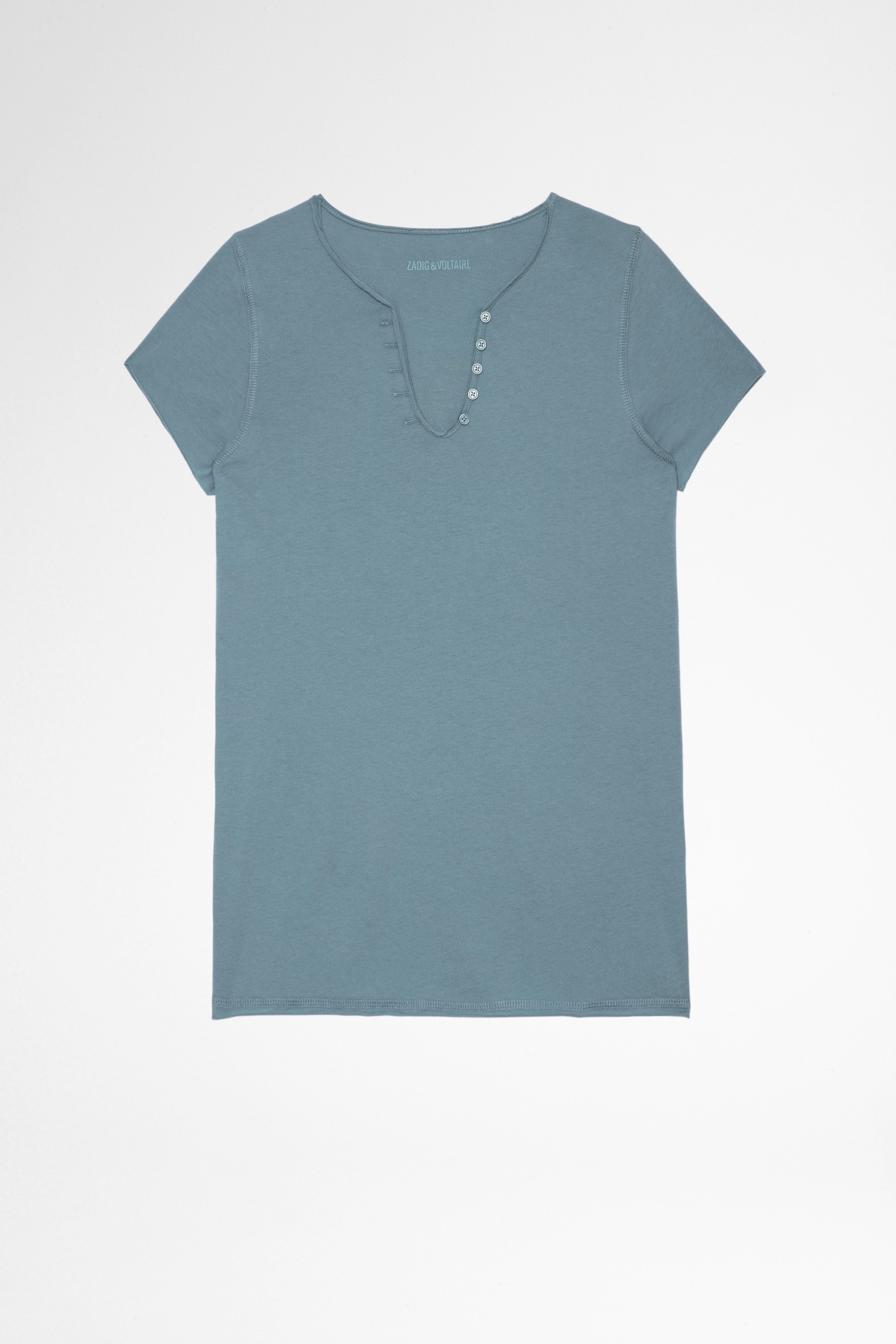 T-shirt tunisien ZV New Blason T-shirt in cotone grigio-blu con collo a serafino e applicazione ZV sulla schiena donna