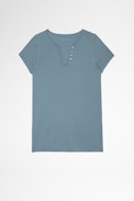 ZV New Blason Henley T-shirt - Women's blue-grey cotton Henley T-shirt with ZV applique on the back