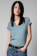 ZV New Blason Henley T-shirt - Women's blue-grey cotton Henley T-shirt with ZV applique on the back