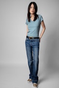 ZV New Blason Henley T-shirt - Women's blue-grey cotton Henley T-shirt with ZV applique on the back