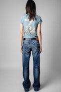 ZV New Blason Henley T-shirt - Women's blue-grey cotton Henley T-shirt with ZV applique on the back