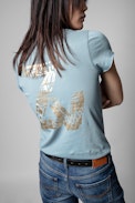 ZV New Blason Henley T-shirt - Women's blue-grey cotton Henley T-shirt with ZV applique on the back