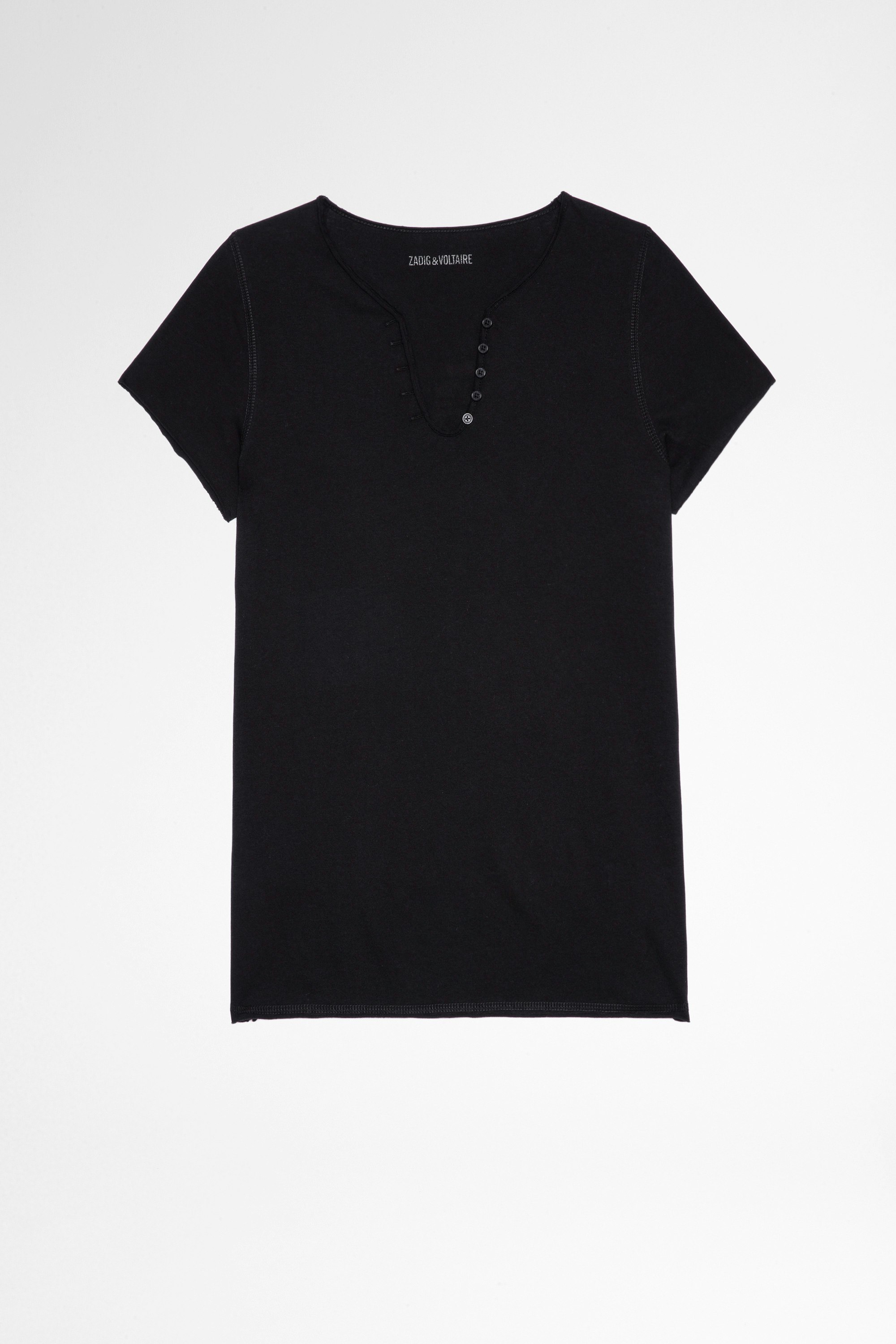 T-shirt tunisien ZV New Blason T-shirt aus schwarzer Baumwolle mit Henley-Ausschnitt und ZV-Applikation am Rücken für Damen