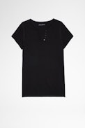 ZV New Blason Henley T-shirt - Women's black cotton Henley T-shirt with ZV applique on the back