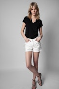 ZV New Blason Henley T-shirt - Women's black cotton Henley T-shirt with ZV applique on the back