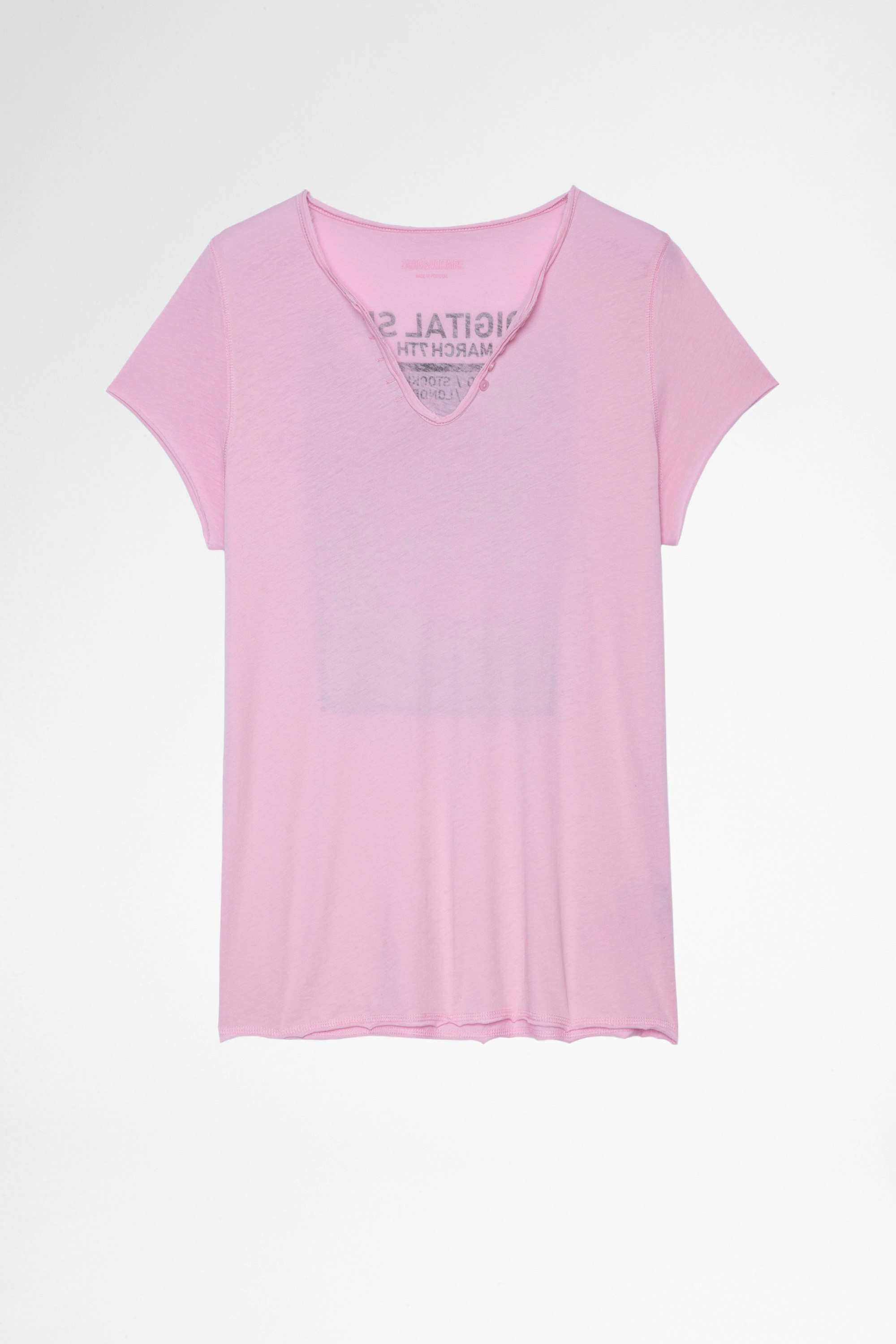 T-shirt mit Henley-Ausschnitt Photoprint Damen-T-shirt mit Henley-Ausschnitt aus rosafarbener Baumwolle, mit Fotoprint hinten. Hergestellt mit Fasern aus biologischem Anbau