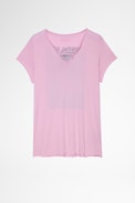 Photoprint Henley T-shirt - Women's pink cotton Henley T-shirt with photo print on the back. Made with fibers from organic farming.